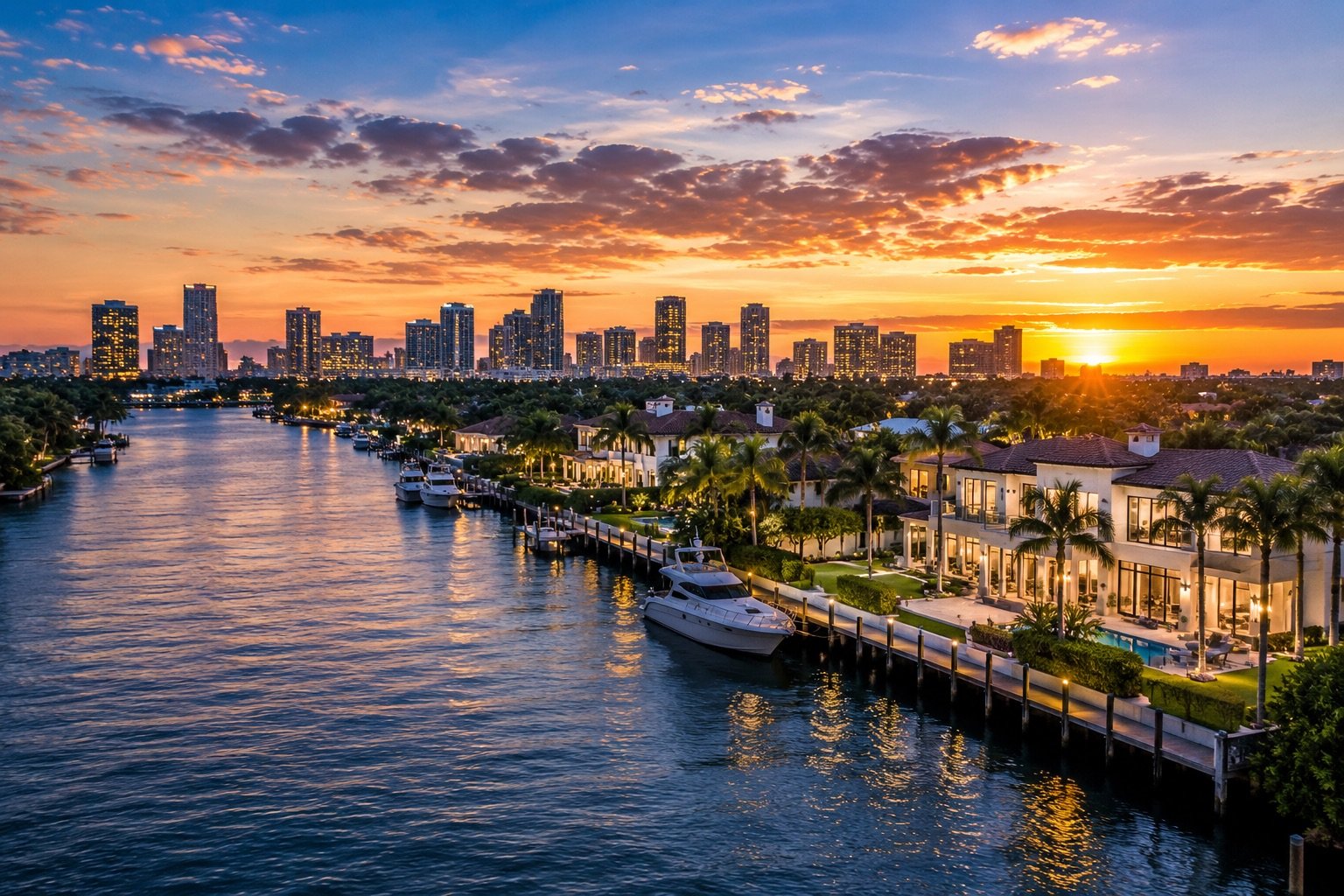 South Florida real estate market update featuring waterfront homes and the South Florida skyline