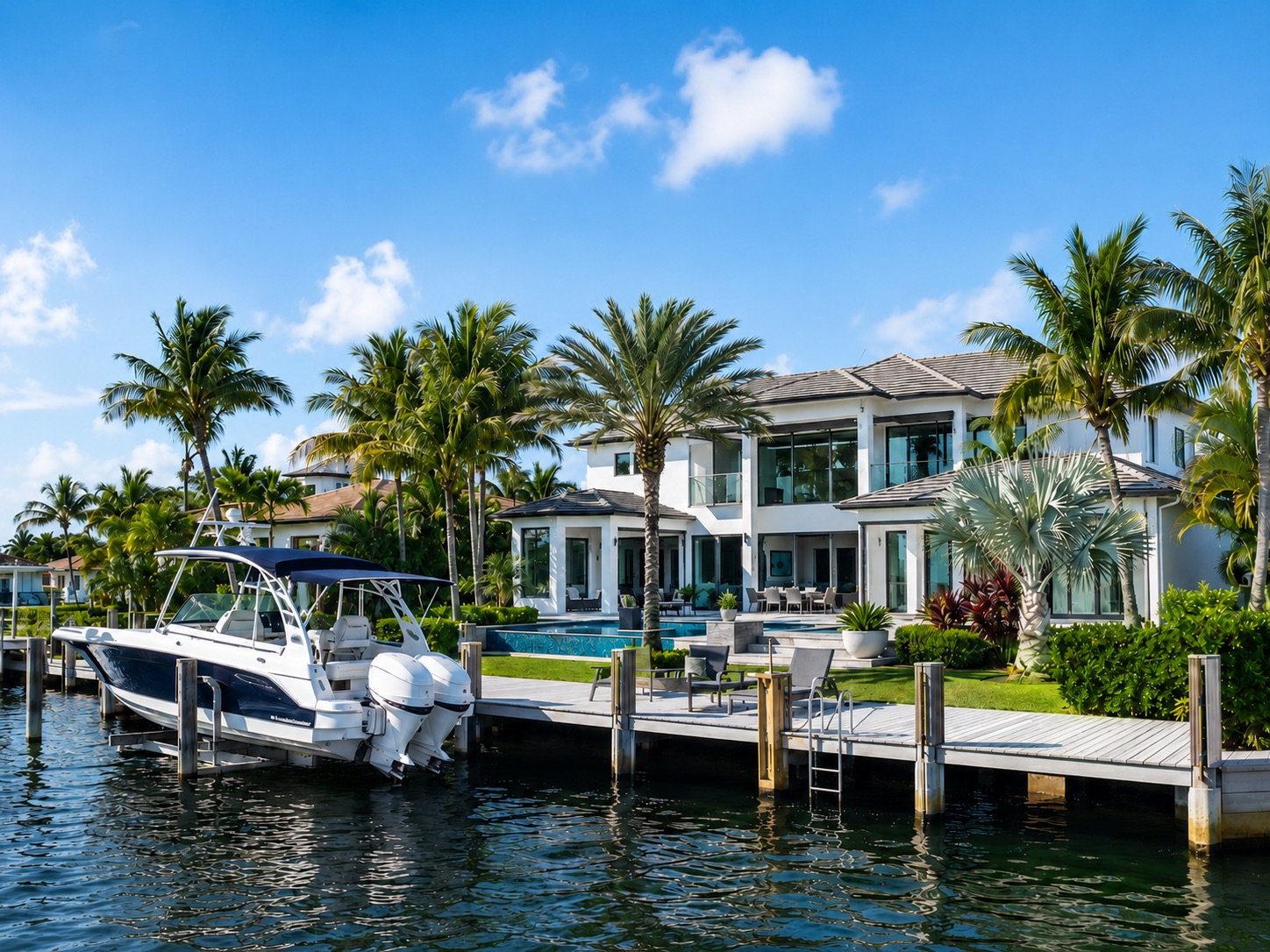 South Florida waterfront home with a private dock and boat
