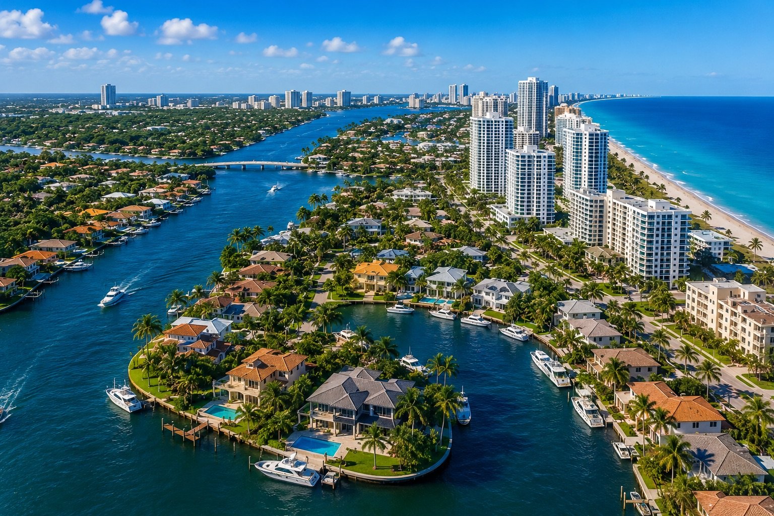 South Florida coastal communities with waterfront homes, palm trees and city buildings